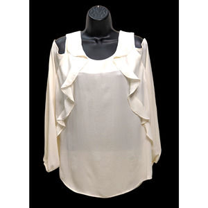 Women PLEIONE Top Cream Cutout Cold Shoulder Ruffle Front Peasant Sleeves Medium